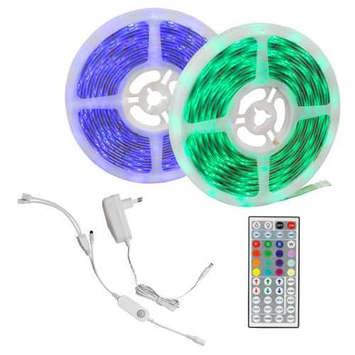 LED szalag szett 26W/10m (2x5m tekercs) RGB, távirányítóval, vezérlővel, mozgásérzékelő szenzorral, tápegységgel